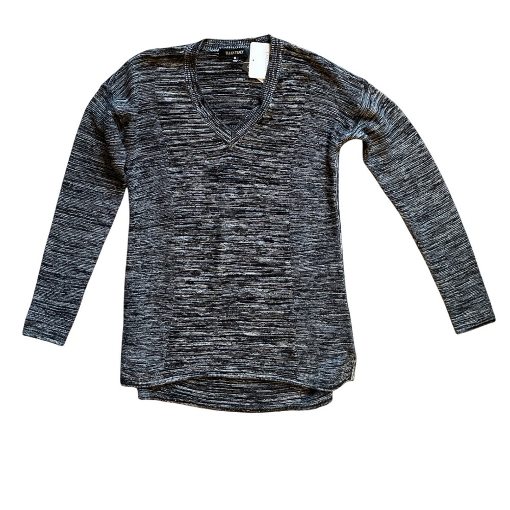 Ellen Tracy V-Neck Sweater Women M Black Ivory Space Dye Marled High-Low Knit